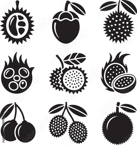 Fruit icons, tropical food, exotic durian, fresh rambutan, dragon fruit, sweet lychee, mangosteen harvest, organic vitamin