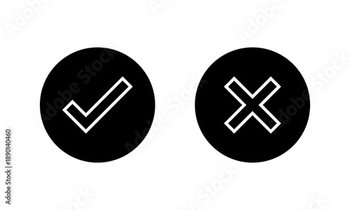 Check and cross mark outline icon in black circle. Tick and x symbol. Checkmark and close sign