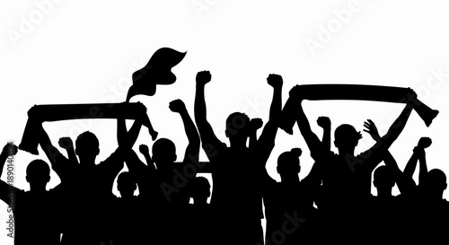 Silhouette of a cheering crowd with arms raised and scarves waving, celebrating a victory at a sporting event or concert