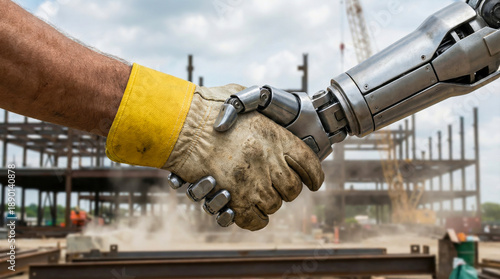 Builder's hand shaking with a anthropomorphiс builder robot's hand on a blurred background of a construction site. Symbolizes the coordinated work of robots and people.