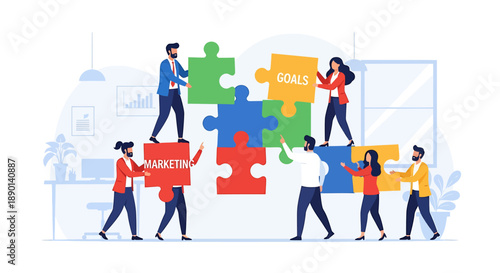 Business professionals collaboratively assembling puzzle pieces, symbolizing strategic planning, marketing goals, teamwork, and problem-solving for successful objective achievement