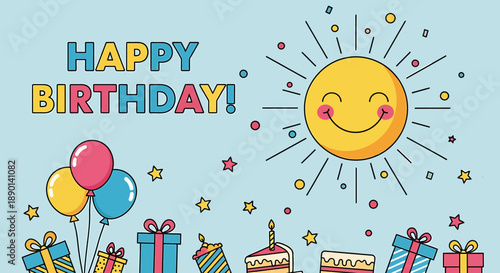 Cheerful birthday celebration illustration with colorful balloons, wrapped presents, sweet treats, and a friendly smiling sun, radiating joy and festive spirit
