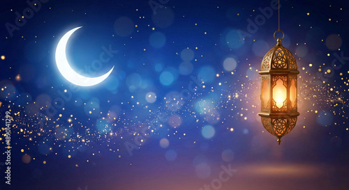 A glowing lantern hangs beside a crescent moon in a festive night scene
