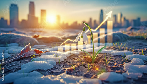 Snowdrop flower pushing through snow with rising arrow graph. Concept of business growth, financial recovery, and new begining.