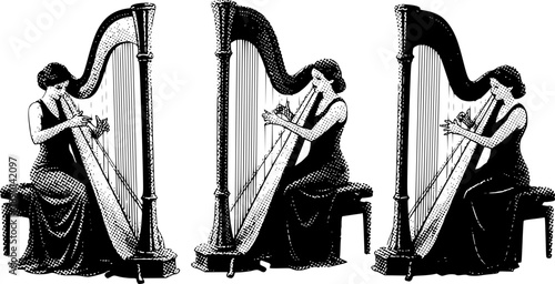Vintage halftone harp trio illustration in black and white
