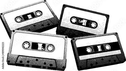 Retro cassette tapes in halftone design: vintage media aesthetic
