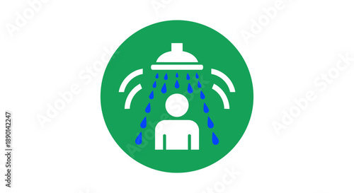 Green icon of a person standing under a white shower head with blue water drops, symbolizing cleanliness and personal hygiene