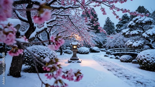 Tranquil Japanese garden featuring pink cherry blossoms blanketed by fresh snow and stone lanterns