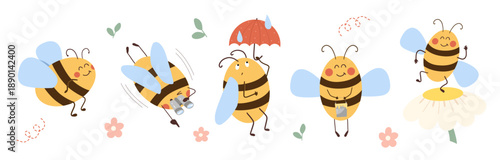 Collection of cute bee characters. Bee with umbrella, binoculars, bucket of honey, in flight, dancing on a flower. Childish spring print for nursery, kids apparel, poster and postcard.