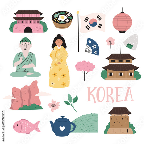Korean Culture Clipart. Hand Drawn Traditional Symbols, Landmarks and Food of Korea