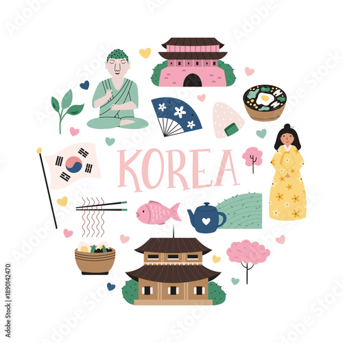 Korean Culture Clipart. Hand Drawn Traditional Symbols, Landmarks and Food of Korea