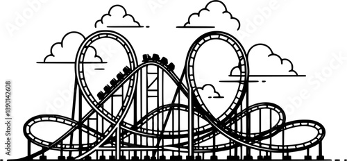 Minimalist black and white roller coaster line art with clouds. No editable strokes
