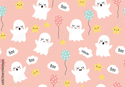 Cute seamless Halloween pattern with smiling ghosts balloons stars and boo text perfect for kids party decor