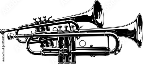 Pair of vintage trumpets in black and white artistic style
