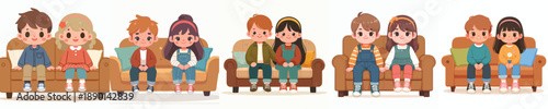 vector of two children sitting on the sofa