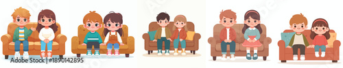 vector of two children sitting on the sofa