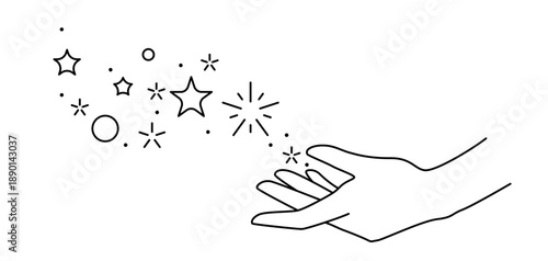 Magic stars in hand. Palm hold or gives celestial body. Line art style.