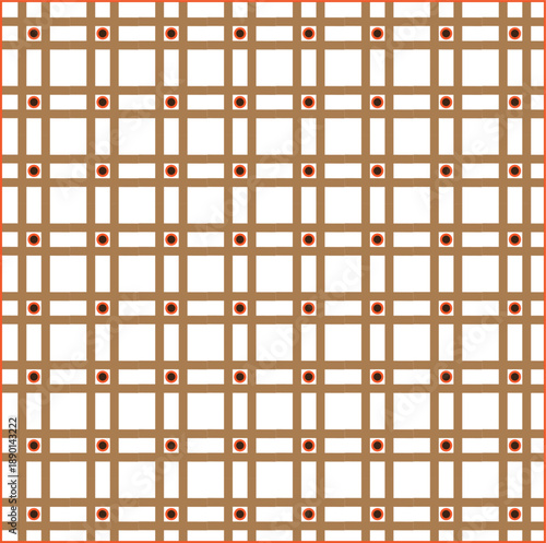 Seamless pattern of brown grid with red dots on, abstract geometric texture for wallpaper or textile design