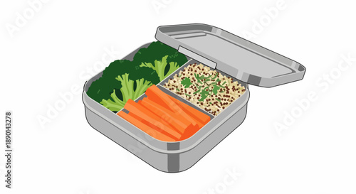 Healthy lunchbox illustration with fresh green broccoli florets and orange carrot sticks. Lunchbox features nutritious grain mixture, perfect for balanced meal preparation.