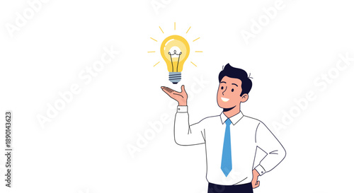 Businessman looking up at a bright glowing lightbulb floating above his hand, representing a creative new idea, insight, or professional innovation.