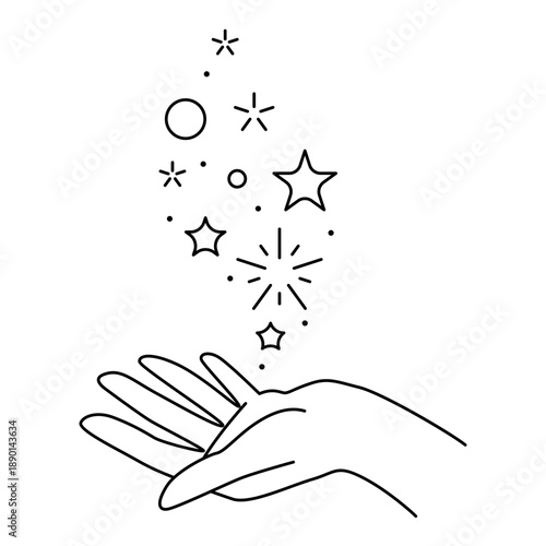 Magic stars in hand. Palm hold or gives celestial body. Line art style.