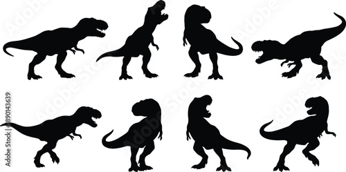 Dinosaur silhouettes collection showing tyrannosaurus poses and movements, prehistoric animal illustration isolated on white background for education, wildlife design