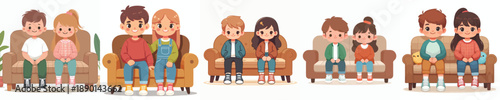 vector of two children sitting on the sofa