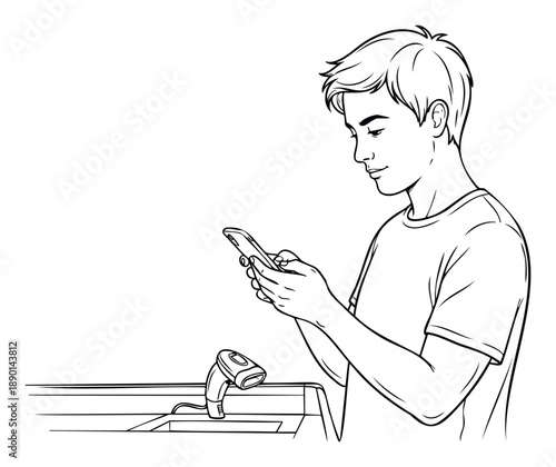 Young Asian man intently using his smartphone at a retail selfcheckout counter with a scanner, suitable for illustrating modern shopping, digital transactions, and store technology.