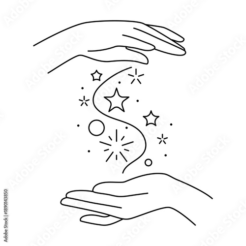 Magic stars in hands. Palms hold or gives celestial body. Line art style isolated human hand.