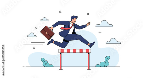 Businessman in a suit jumping over a red hurdle while carrying a briefcase, symbolizing overcoming professional obstacles and challenges in a career.