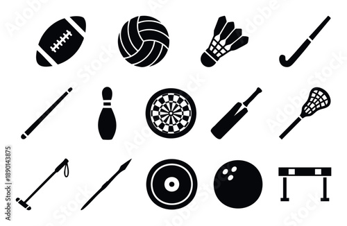 A versatile collection of sports equipment icons featuring various athletic items such as football, volleyball, badminton, and hockey, perfect for sports event graphics and fitness