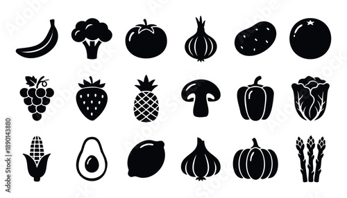 Collection of fresh fruits and vegetables silhouettes representing healthy eating and natural food for grocery branding or culinary themed projects