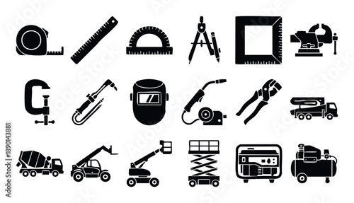 Essential collection of construction and engineering tools including measuring devices welding equipment and heavy machinery for industrial projects and workshop applications