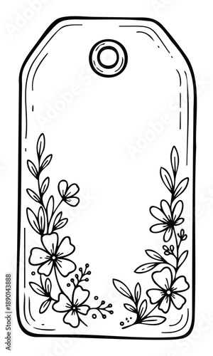 Handdrawn blank tag featuring delicate outline floral borders perfect for labeling gifts, product packaging, wedding stationery, or various crafting and DIY projects