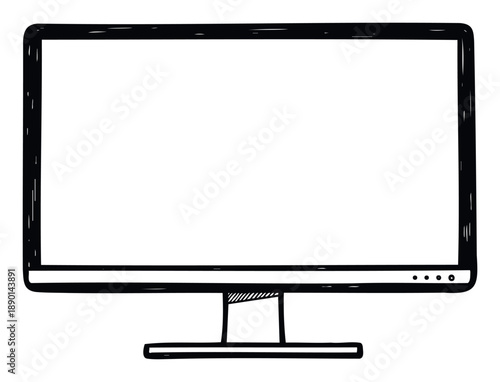 Hand drawn computer monitor display with a blank white screen and a sturdy stand, perfect for use in presentations, educational graphics, or visual communication templates.
