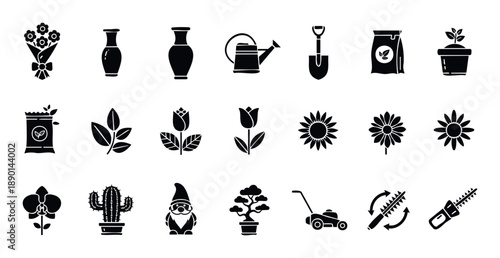 A diverse collection of essential gardening tools, various potted plants, and elegant floral motifs presented as solid black silhouette icons, perfect for horticulture, landscaping, or