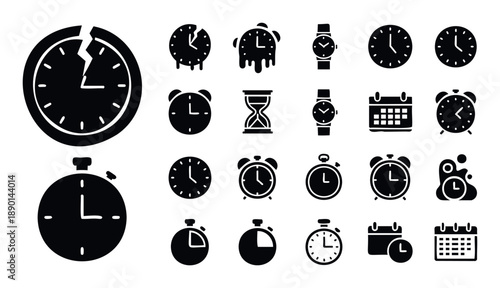 Extensive collection of time and schedule management icons featuring diverse clocks, stopwatches, calendars, and an hourglass, perfect for designing user interfaces, infographics, and