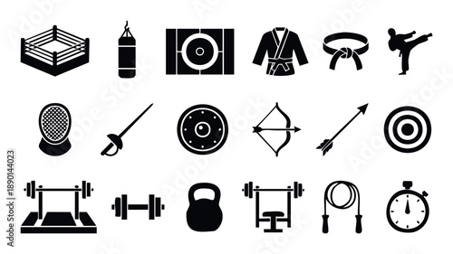 Essential sports and fitness equipment icons featuring combat sports gear, archery tools, and gym workout accessories ideal for athletic branding, health club promotions, or exercise