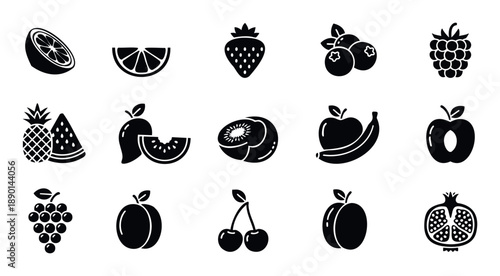 A comprehensive collection of various fresh healthy tropical and berry fruit icons perfect for vibrant food related graphic resources, menu designs, and healthy lifestyle applications