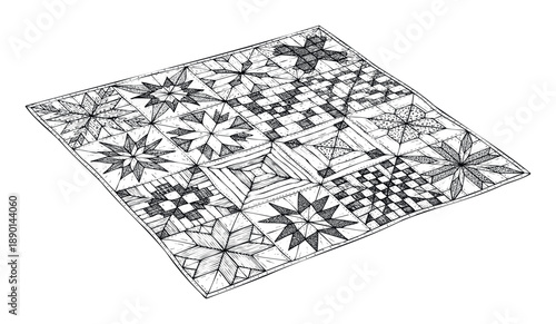 Monochromatic handdrawn blanket print featuring a complex arrangement of patterned quilt blocks with stars and geometric motifs suitable for fabric projects