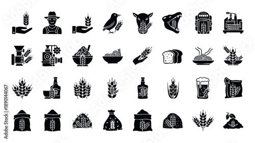 Comprehensive collection of wheat farming, processing, and food product icons, ideal for agricultural industry presentations, food packaging designs, and educational materials