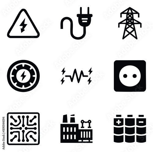Electrical and energy icons with voltage warning, power plug, transmission tower, gear, pulse, outlet, circuit, factory, batteries for technical use.