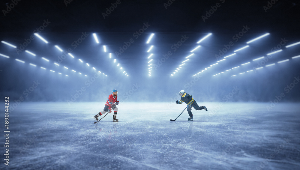 Obraz premium Dynamic artwork ice hockey duel on professional arena with dramatic lighting. Concept of competition, professional sport, teamwork, performance pressure, athletic rivalry, sports marketing visuals.