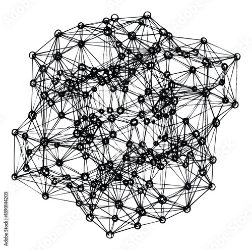 Abstract black and white drawing representing a complex interconnected system or neural network structure suitable for technology presentations, scientific diagrams, and data visualization