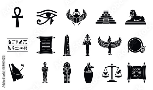 Collection of iconic ancient Egyptian symbols and artifacts perfect for educational materials, historical documentaries, travel guides, or cultural themed graphic projects