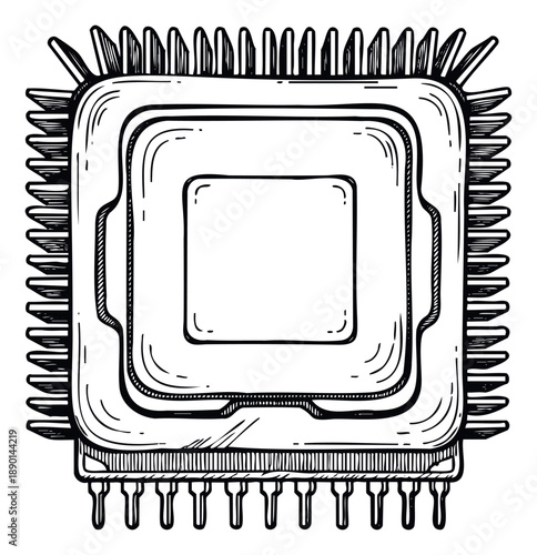 A handdrawn black and white sketch of a computer processor microchip with a heat sink and pins, perfect for technologyrelated presentations, educational materials, or software development