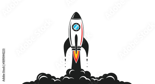 Black and white rocket ship blasting off into the sky with orange and yellow flames and large clouds of black smoke at the base.