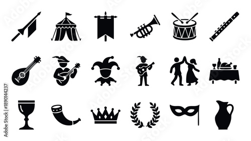 Collection of medieval festival and renaissance fair celebration icons featuring instruments, costumes, food, and historical symbols for graphic design, web, and print projects.