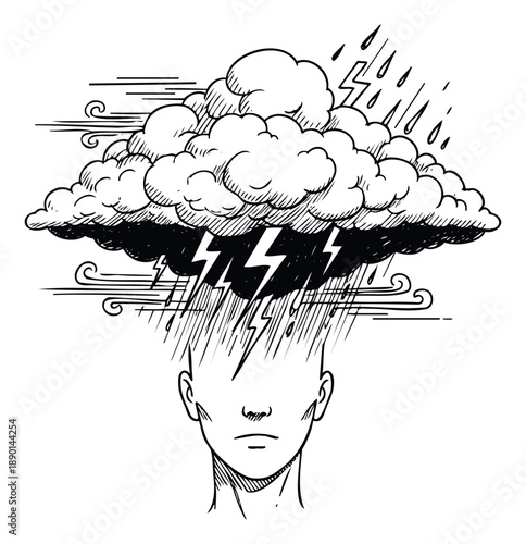 Psychological visual showing a person with a storm cloud above their head, symbolizing overwhelming thoughts and emotional distress, ideal for educational materials or counseling services.