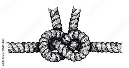 Strong black and white woodcut style drawing depicting a sturdy rope tied in a reliable square knot, ideal for illustrating concepts of security, connection, or traditional craftsmanship in